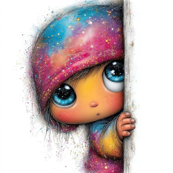 Galaxy Peek Girl Clipart – Whimsical Nursery Art (JPG) — view 6 — watercolor clipart transparent PNG instant download