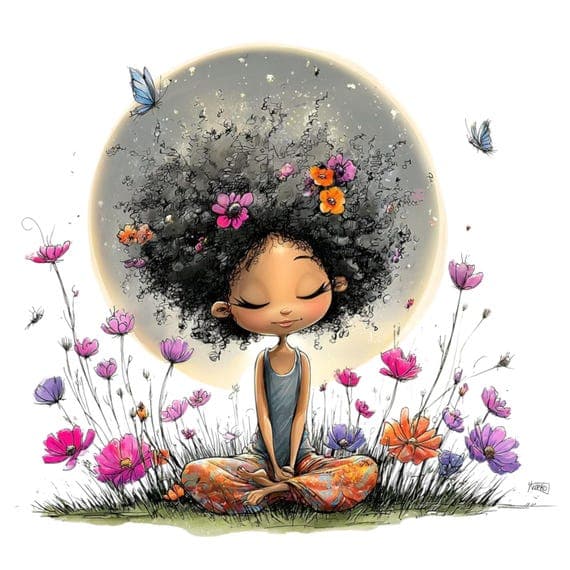 15 Afro Floral Meditation Girl Clipart (PNG JPG) – Peaceful Spiritual — view 8 — watercolor clipart transparent PNG instant download