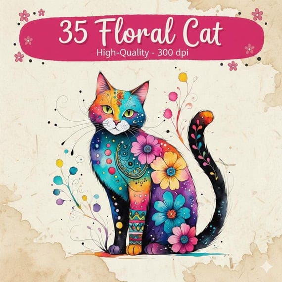 Folk Art Cat Illustrations β view 8 β watercolor clipart transparent PNG instant download