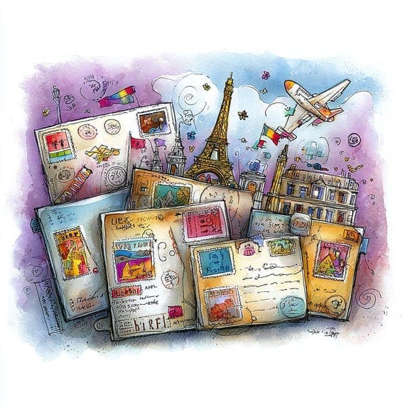 15 Whimsical Travel Letters Clipart (JPG) β view 2 β watercolor clipart transparent PNG instant download