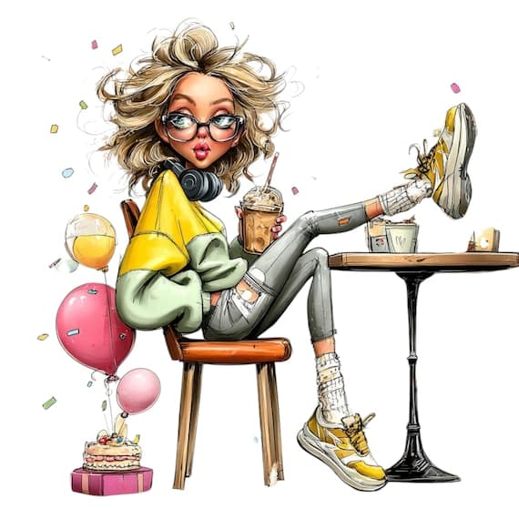 10 Birthday Girl Clipart Bundle – Quirky Cake Art & Fun Party Illustra — view 8 — watercolor clipart transparent PNG instant download