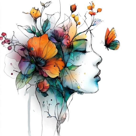 17 Floral Woman Portrait — watercolor clipart transparent PNG instant download