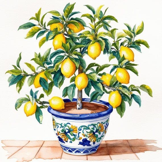 Lemon Tree Pot Clipart, Amalfi Coast, Mediterranean Tile Art (Digital β view 3 β watercolor clipart transparent PNG instant download