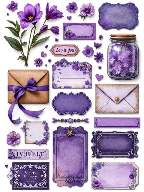 Violet Ephemera Kit, 500+ Purple Scrapbook Collage Elements (Digital D β view 5 β watercolor clipart transparent PNG instant download