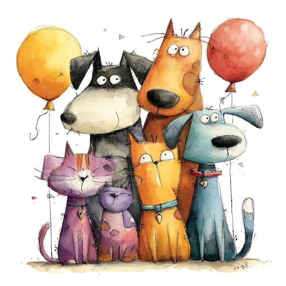15 Colorful Dog and Cat Clipart JPG β view 2 β watercolor clipart transparent PNG instant download