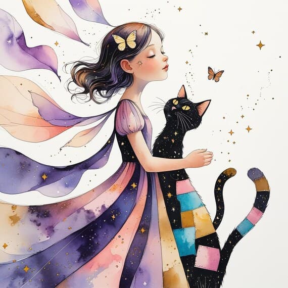 Watercolor Girl and Patchwork Cat Clipart β view 5 β watercolor clipart transparent PNG instant download