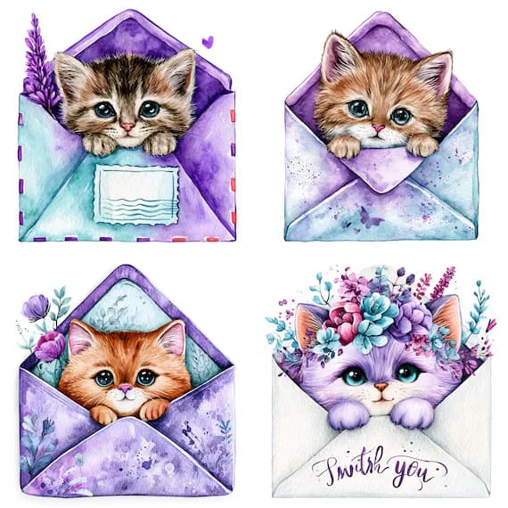 20 Whimsical Kitten Clipart PNG β watercolor clipart transparent PNG instant download