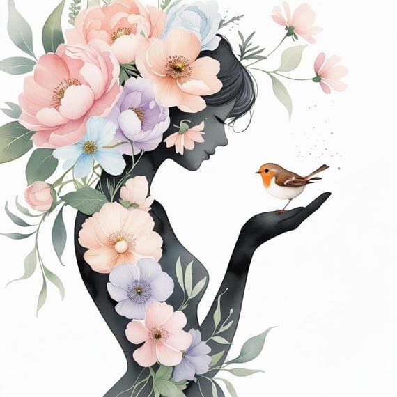 Floral Woman & Bird Watercolor Clipart β view 5 β watercolor clipart transparent PNG instant download
