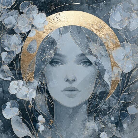 Celestial Woman Clipart – Blue & Gold Floral Faces (JPG) — view 5 — watercolor clipart transparent PNG instant download