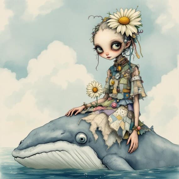Girl on Whale Clipart Set – Whimsical Fantasy Art (20 JPG) — view 8 — watercolor clipart transparent PNG instant download