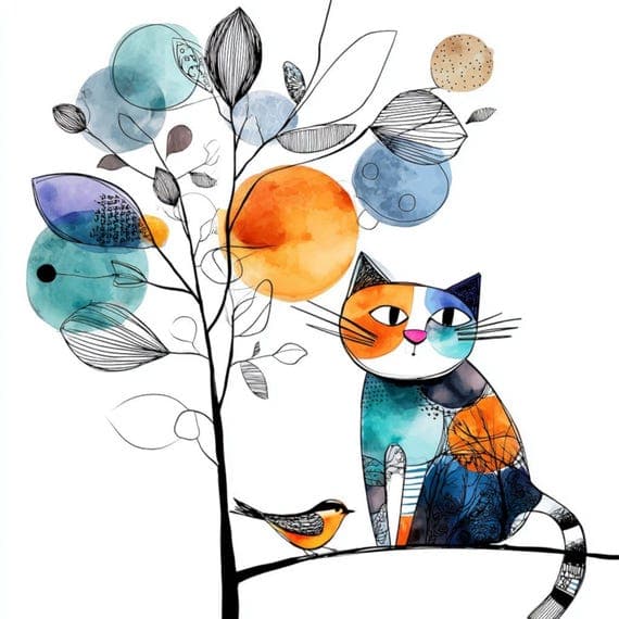 30 Abstract Watercolor Cat & Bird Clipart β view 8 β watercolor clipart transparent PNG instant download