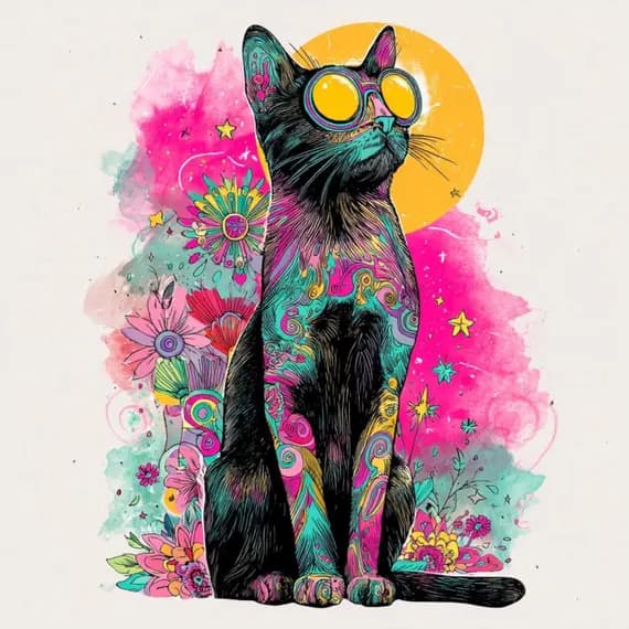 Psychedelic Neon Cat Clipart โ view 5 โ watercolor clipart transparent PNG instant download