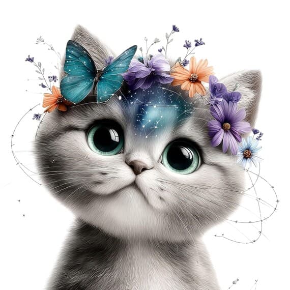 25 Cosmic Floral Cat Clipart (JPG) β view 3 β watercolor clipart transparent PNG instant download