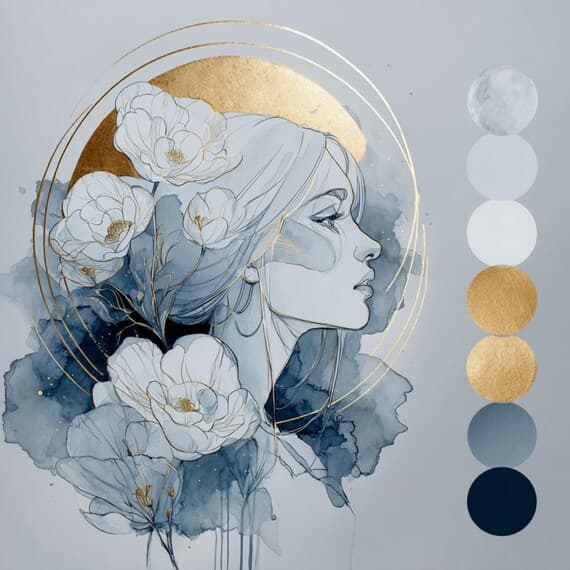 Celestial Woman Clipart – Blue & Gold Floral Faces (JPG) — view 8 — watercolor clipart transparent PNG instant download