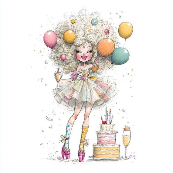 Quirky Birthday Lady Clipart – Watercolor Party Art (JPG) — view 6 — watercolor clipart transparent PNG instant download