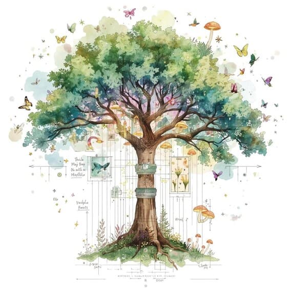 20 Fantasy Tree Blueprint Art β view 2 β watercolor clipart transparent PNG instant download