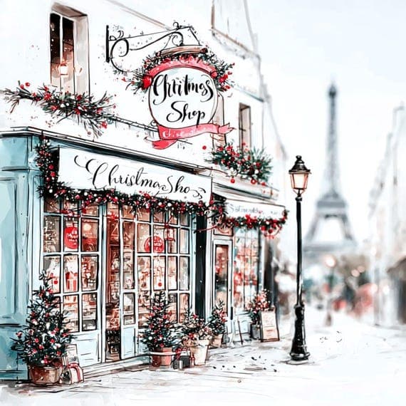 12 Paris Christmas Shop Watercolor Clipart — watercolor clipart transparent PNG instant download