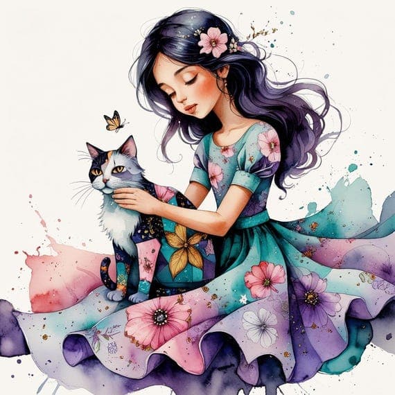 Watercolor Girl and Patchwork Cat Clipart β view 7 β watercolor clipart transparent PNG instant download