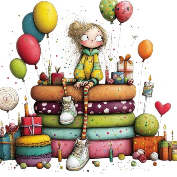 15 Quirky Birthday Girl Clipart Bundle – Fun Cake & Balloon Illustrati — view 6 — watercolor clipart transparent PNG instant download