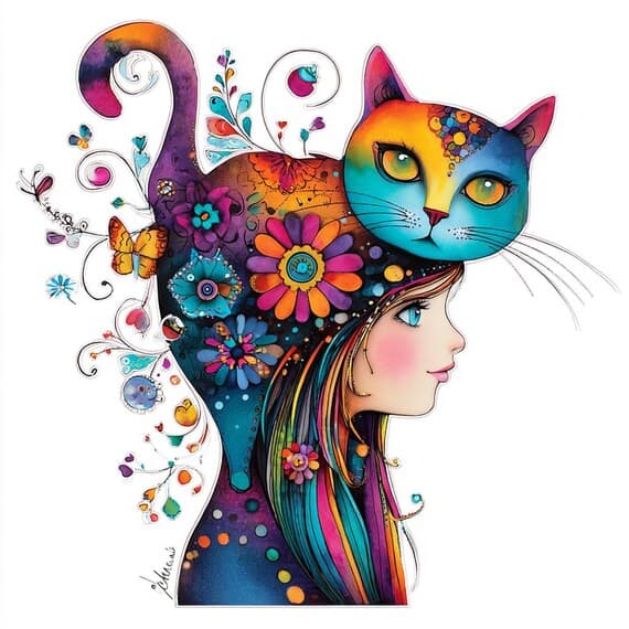 12 Boho Woman and Cat Clipart β view 6 β watercolor clipart transparent PNG instant download
