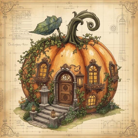 Retro Pumpkin House Blueprint Art , Printable Halloween Wall Decor , F β view 2 β watercolor clipart transparent PNG instant download