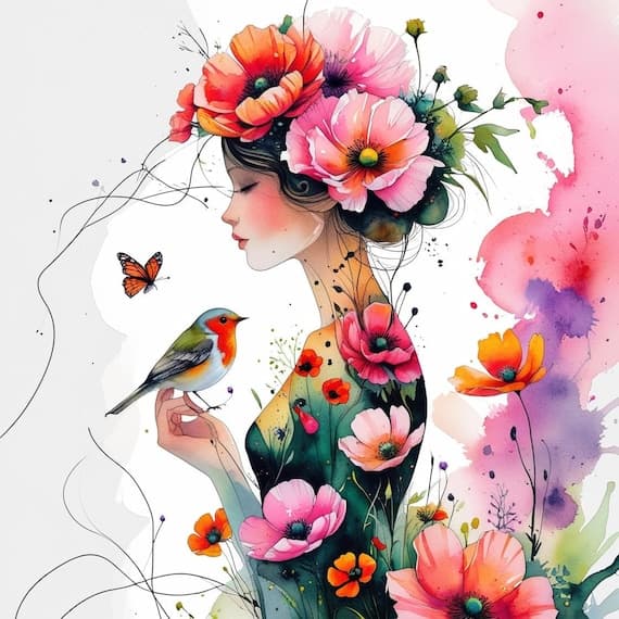 Floral Woman & Bird Watercolor Clipart β view 7 β watercolor clipart transparent PNG instant download
