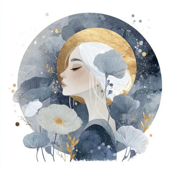 Celestial Woman Clipart – Blue & Gold Floral Faces (JPG) — view 6 — watercolor clipart transparent PNG instant download