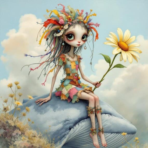 Girl on Whale Clipart Set – Whimsical Fantasy Art (20 JPG) — view 5 — watercolor clipart transparent PNG instant download