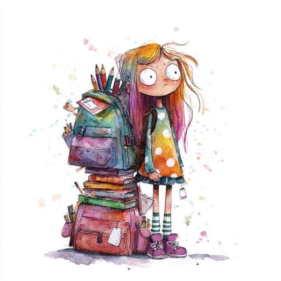 Whimsical First Day of School Girl Clipart β watercolor clipart transparent PNG instant download