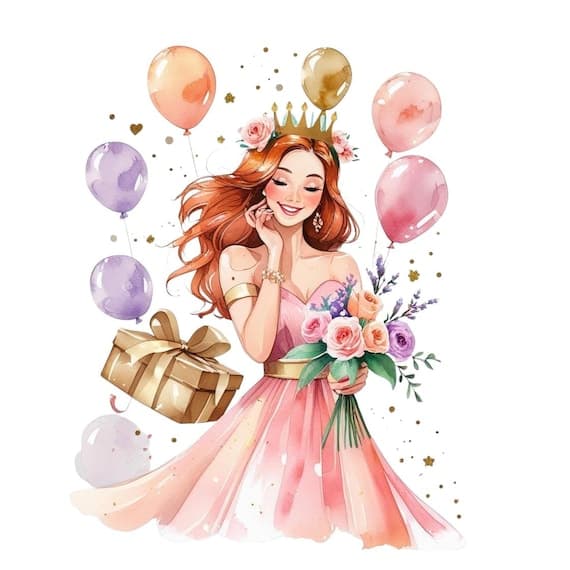 Birthday Girl Clipart, Watercolor Party Art (JPG) β view 8 β watercolor clipart transparent PNG instant download