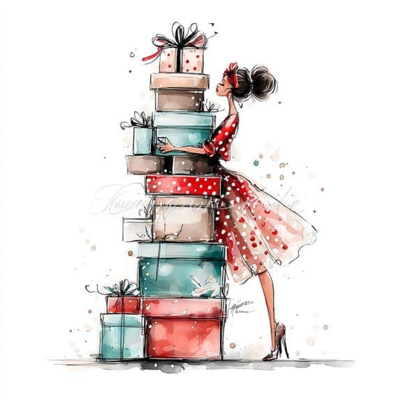 Fashion Girls with Gift Box PNG Clipart , 15 Watercolor Art for Crafts — watercolor clipart transparent PNG instant download