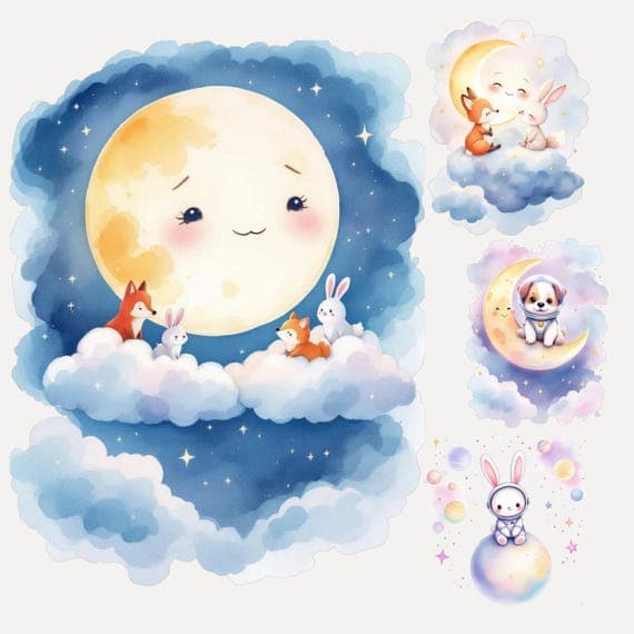 Watercolor Animal Moon Clipart β view 2 β watercolor clipart transparent PNG instant download