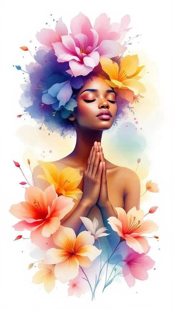 Floral Woman Praying Clipart, Watercolor PNG, Afro American Art (Digit β watercolor clipart transparent PNG instant download