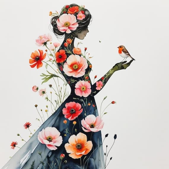 Floral Woman & Bird Watercolor Clipart β watercolor clipart transparent PNG instant download