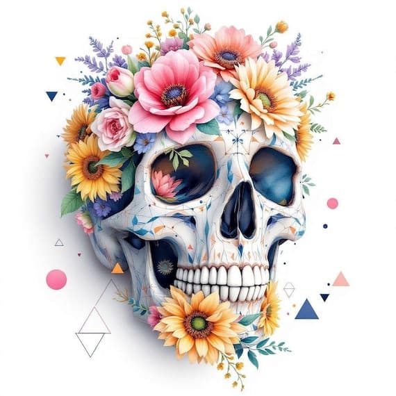 15 Whimsical Floral Skull Clipart PNG β watercolor clipart transparent PNG instant download