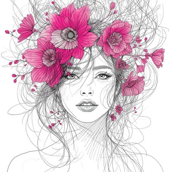 Floral Woman Face Line Art Clipart β view 7 β watercolor clipart transparent PNG instant download