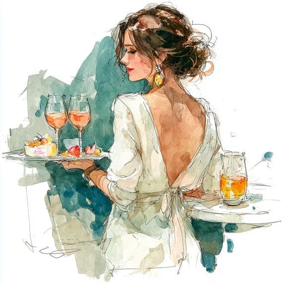 15 Watercolor Fashion Illustrations, Elegant Women with Wine and Cake, — view 7 — watercolor clipart transparent PNG instant download