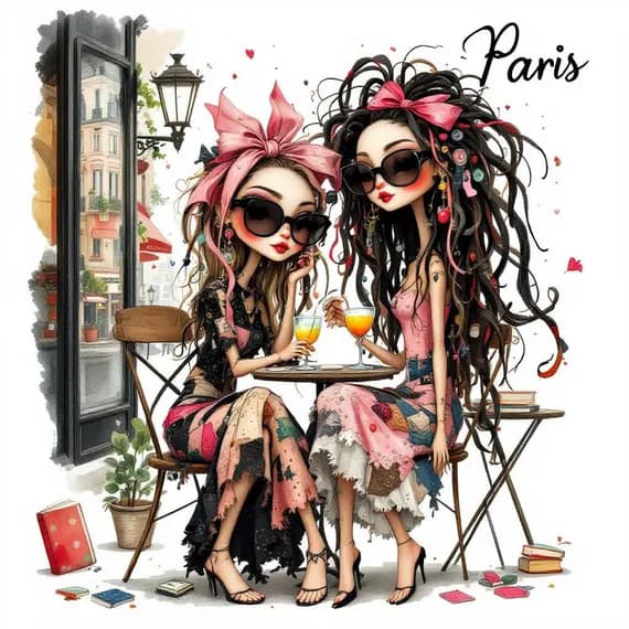Whimsical Sisters Clipart, Paris Theme, Watercolor JPGs (Commercial Us β view 2 β watercolor clipart transparent PNG instant download