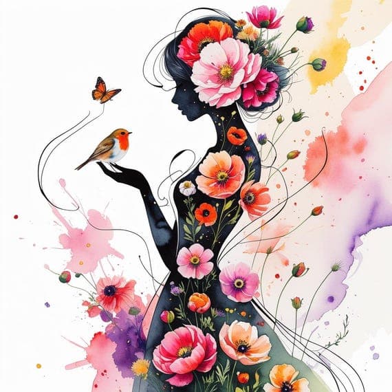 Floral Woman & Bird Watercolor Clipart β view 6 β watercolor clipart transparent PNG instant download