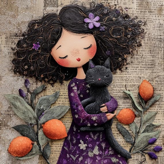 15 Purple Girl & Cat Clipart – Printable Whimsical Folk Art for Junk J — watercolor clipart transparent PNG instant download