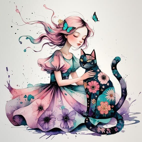Watercolor Girl and Patchwork Cat Clipart β view 3 β watercolor clipart transparent PNG instant download