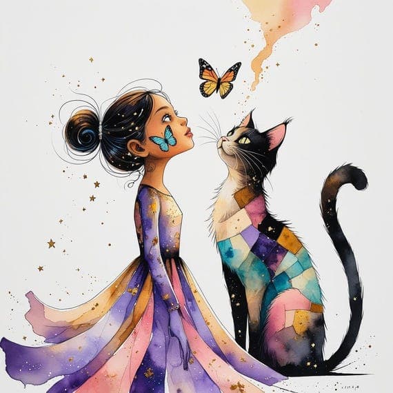 Watercolor Girl and Patchwork Cat Clipart β view 6 β watercolor clipart transparent PNG instant download