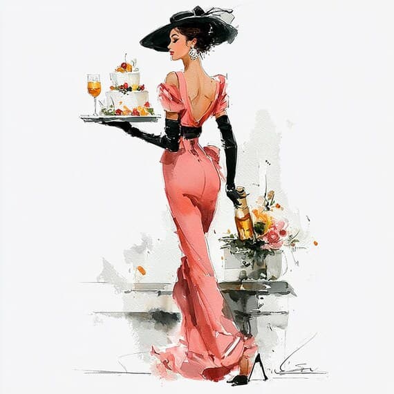 15 Fashion Illustration Set, Elegant Women with Cake and Wine Art, Wat — view 3 — watercolor clipart transparent PNG instant download
