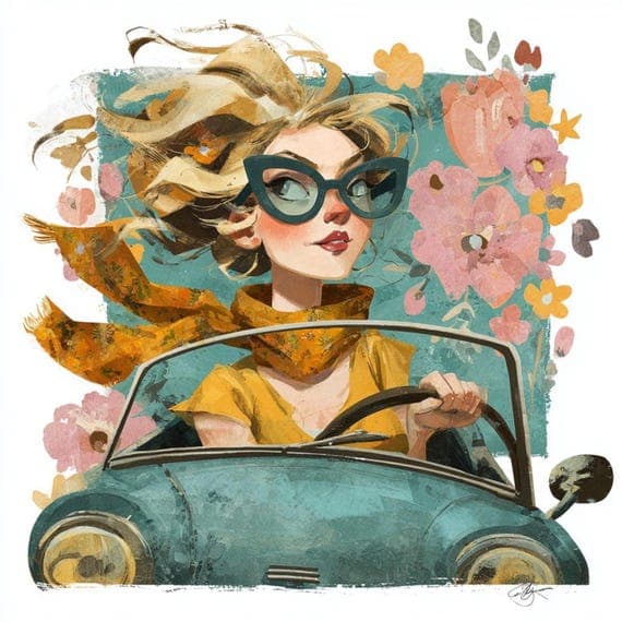 10 Retro Driving Woman Clipart (JPG) β view 5 β watercolor clipart transparent PNG instant download