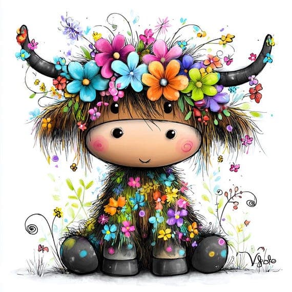 Watercolor Highland Cow Clipart, Floral Crown (Digital Download) โ view 7 โ watercolor clipart transparent PNG instant download