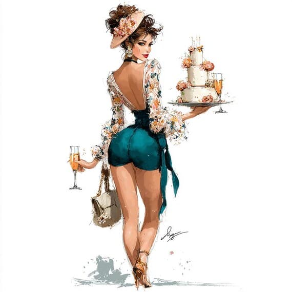 15 Fashion Illustration Set, Elegant Women with Cake and Wine Art, Wat — view 4 — watercolor clipart transparent PNG instant download
