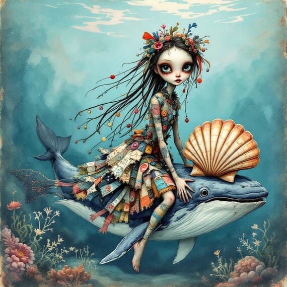Girl on Whale Clipart Set – Whimsical Fantasy Art (20 JPG) — view 3 — watercolor clipart transparent PNG instant download