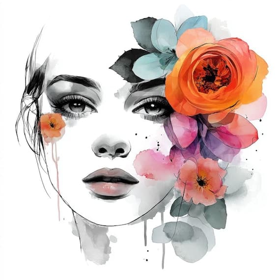 20 Floral Woman Faces Clipart (JPG) – Watercolor Line Art Portraits fo — view 4 — watercolor clipart transparent PNG instant download