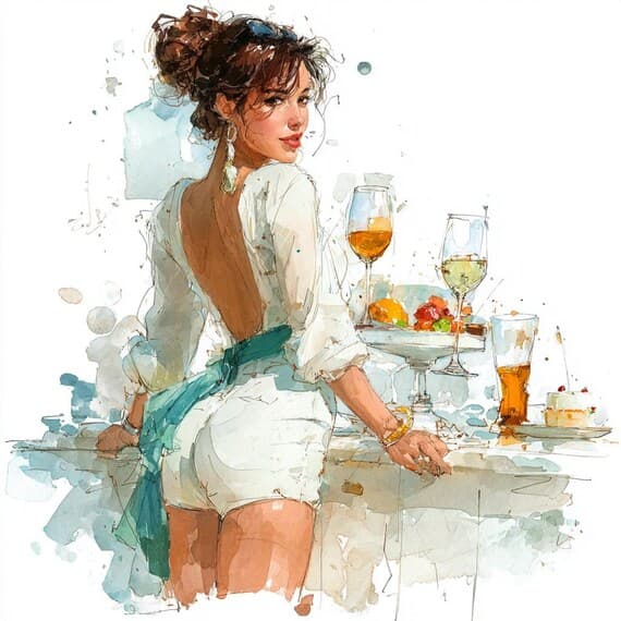 15 Watercolor Fashion Illustrations, Elegant Women with Wine and Cake, — watercolor clipart transparent PNG instant download