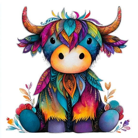 Whimsical Highland Cow Clipart – Folk Art Boho Animal Illustrations (D — view 6 — watercolor clipart transparent PNG instant download